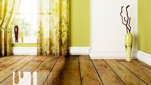 fotografia pared color verde y blanco con cortinas decorativas y parquet de color claro