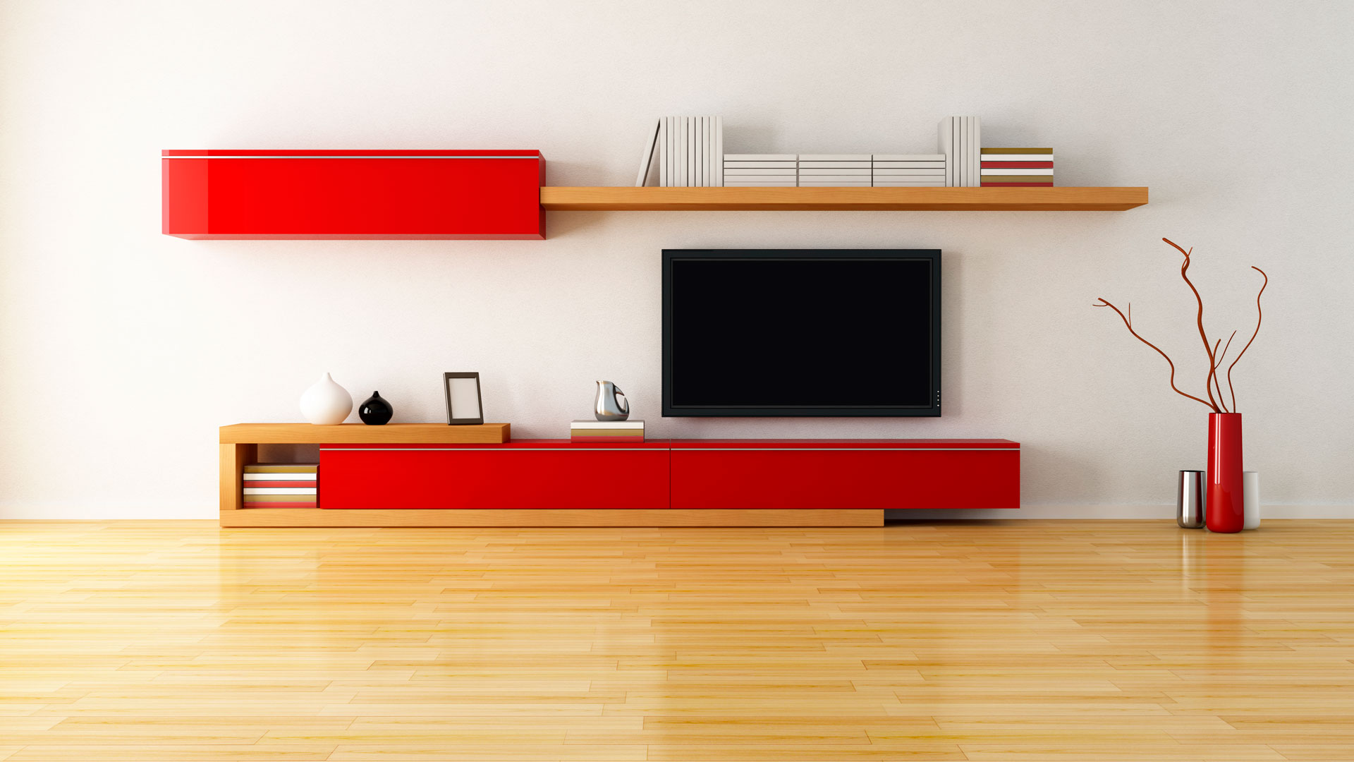 espacio elegenta con gama de color rojo brillante, blanco y miel, parquet de madera  semi reflejante